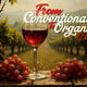 Organic vs conventional wine – red wine glass in vineyard with grapes, symbolizing the difference between organic and traditional winemaking.