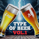 Two illustrated beer glasses—one Lager (golden) and one Ale (amber)—clinking together with lightning and storm clouds in the background. Text reads 'Type of Beer Vol.1', representing a dramatic comparison between Lager and Ale.