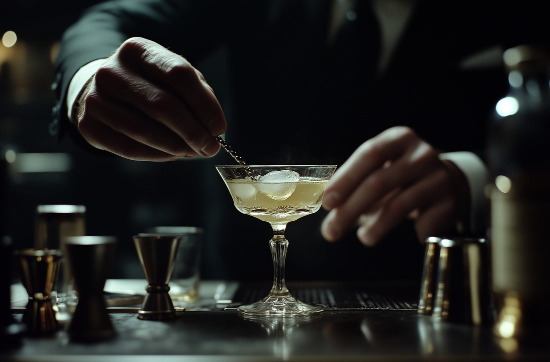 Bartender stirring a classic cocktail in a coupe glass, surrounded by bar tools—capturing the artistry and elegance of traditional mixology.