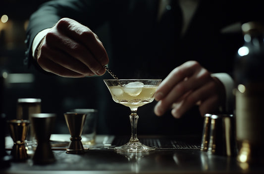 Bartender stirring a classic cocktail in a coupe glass, surrounded by bar tools—capturing the artistry and elegance of traditional mixology.