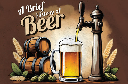 Vintage-style illustration of beer being poured from a tap into a frothy mug, with wooden barrels, hops, and barley representing beer’s historic roots.