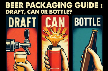 Illustrated beer packaging comparison showing draft, can, and bottle options, highlighting differences in beer freshness and quality. Text reads: 
