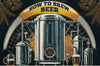 How to brew beer – illustrated brewing equipment with vintage industrial style, including fermenters, kettles, and a glass of beer.