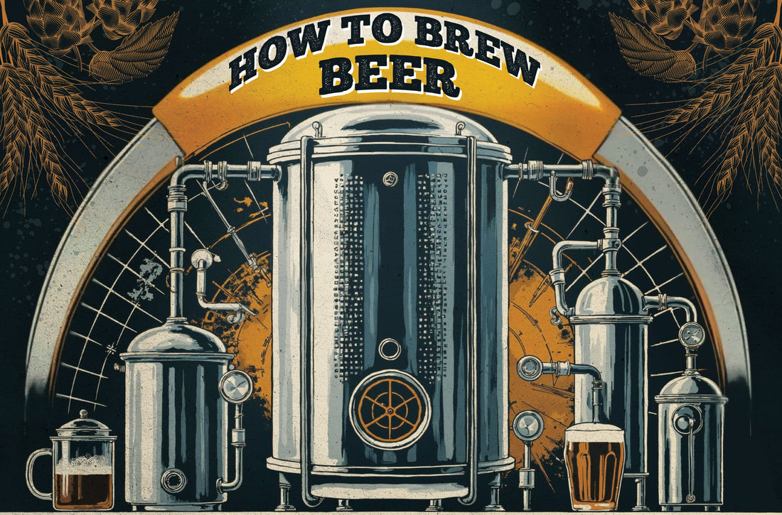 How to brew beer – illustrated brewing equipment with vintage industrial style, including fermenters, kettles, and a glass of beer.