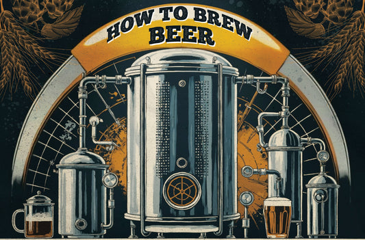 How to brew beer – illustrated brewing equipment with vintage industrial style, including fermenters, kettles, and a glass of beer.