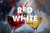 Comparison of red and white wine with splashing glasses, illustrating the visual and stylistic differences between the two wine types.