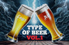 Two illustrated beer glasses—one Lager (golden) and one Ale (amber)—clinking together with lightning and storm clouds in the background. Text reads 'Type of Beer Vol.1', representing a dramatic comparison between Lager and Ale.