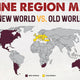 World map highlighting major wine-producing regions. Old World wine countries in Europe and the Mediterranean are marked in yellow, while New World wine regions—including the Americas, Australia, New Zealand, and South Africa—are shaded in dark red.