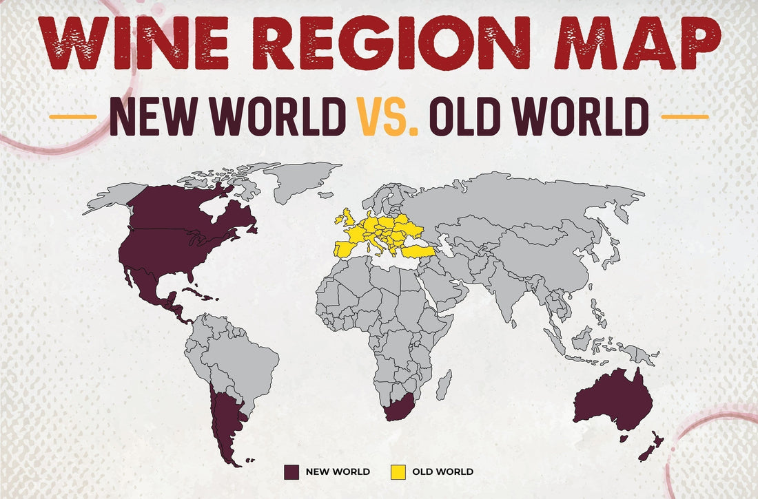 World map highlighting major wine-producing regions. Old World wine countries in Europe and the Mediterranean are marked in yellow, while New World wine regions—including the Americas, Australia, New Zealand, and South Africa—are shaded in dark red.